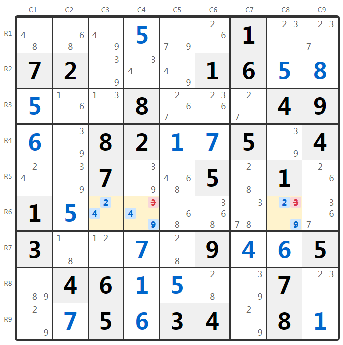数独隐性三数组示例-行分析