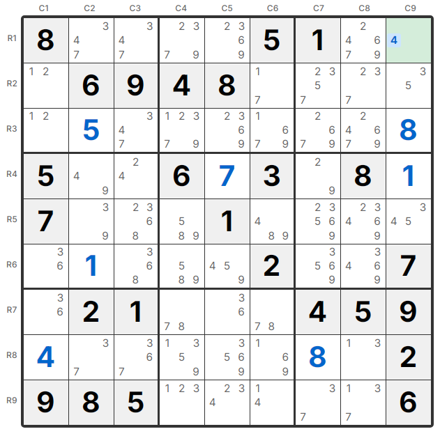 Naked Single 示例 - R1C9只有候选数4